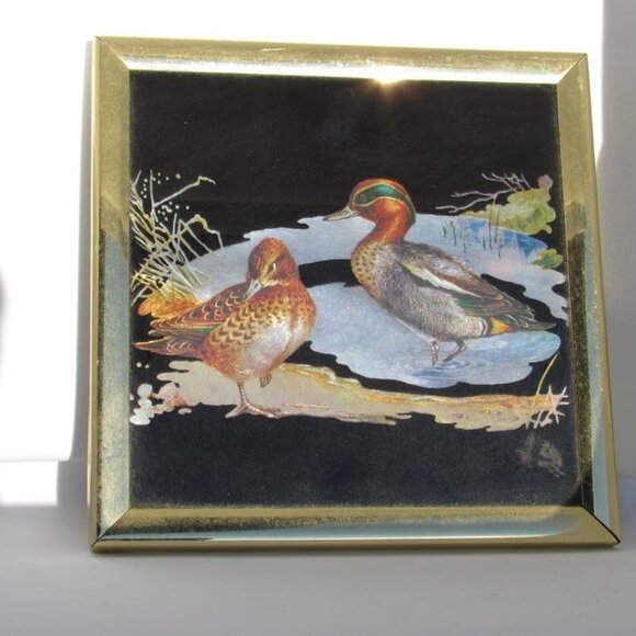 Vintage Pair Kafka Foiled Screened Etching Glass Art Ducks #1016 #1 - Picture 6 of 12
